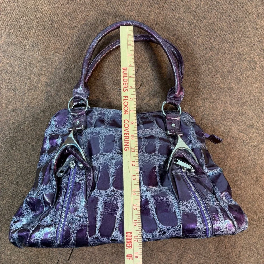 B- Purple Metallic Faux Croc Embossed Satchel Handbag Silver Hardware Top Handle